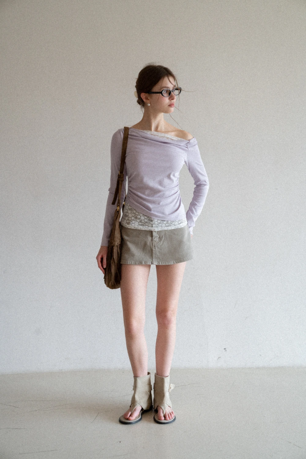 Off shoulder long sleeve top with lace trim