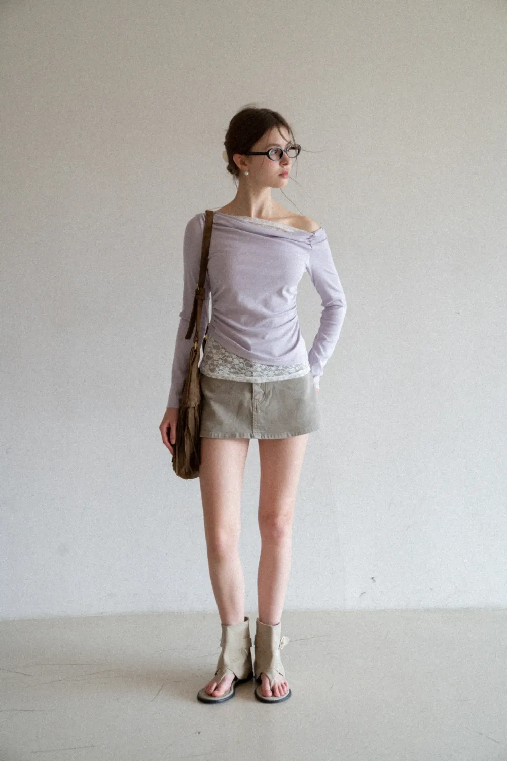 Off shoulder long sleeve top with lace trim