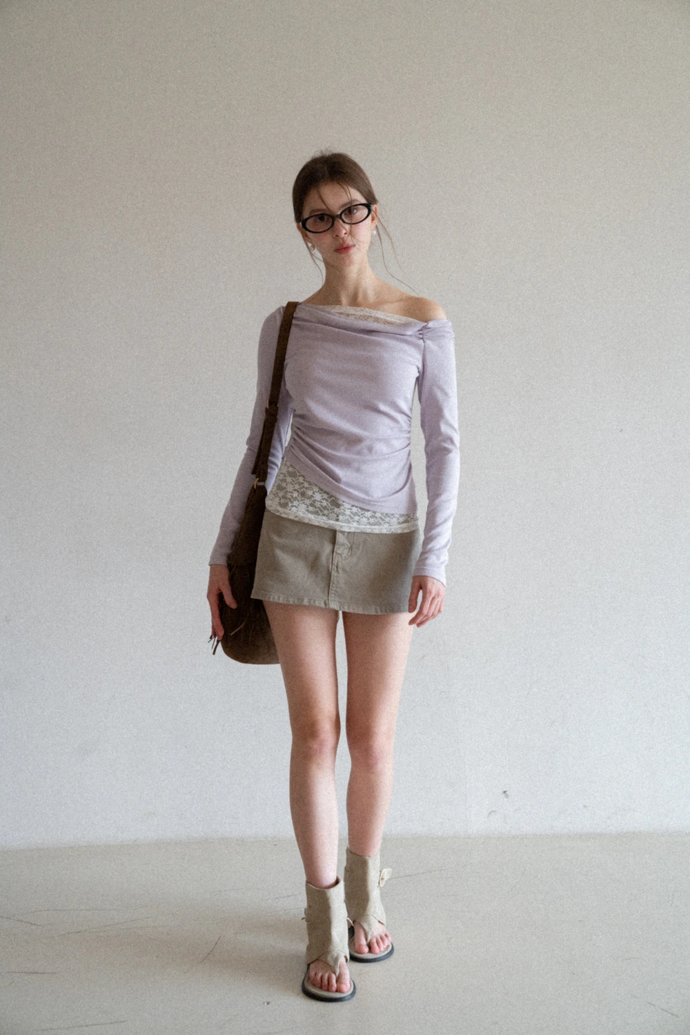 Off shoulder long sleeve top with lace trim