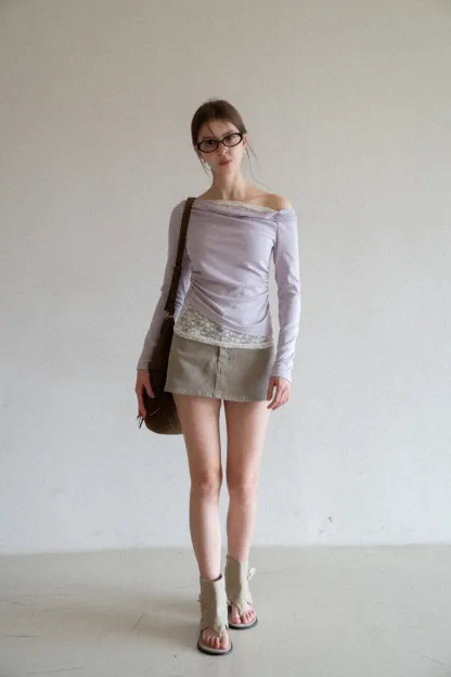 Off shoulder long sleeve top with lace trim