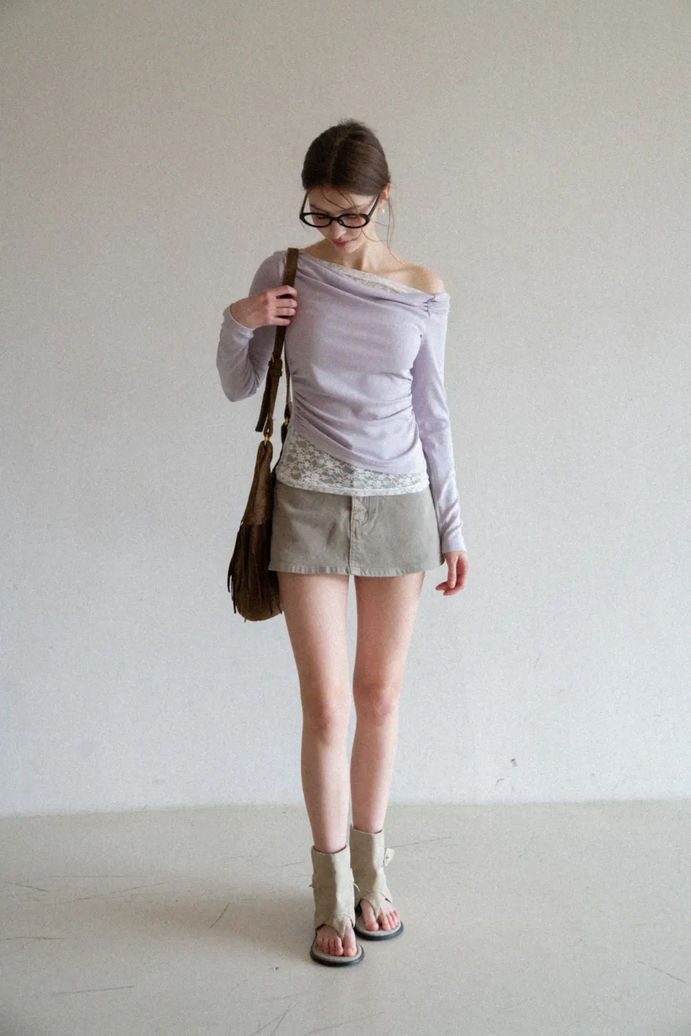 Off shoulder long sleeve top with lace trim