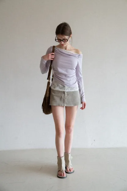 Off shoulder long sleeve top with lace trim