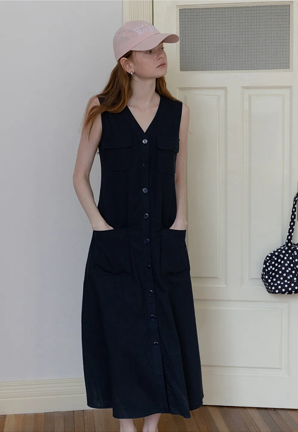 Sleeveless Button-Front Utility Midi Dress