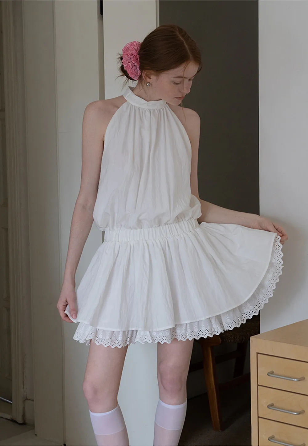 Eyelet Trim Halter Mini Dress