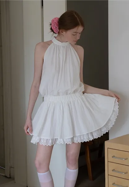 Eyelet Trim Halter Mini Dress