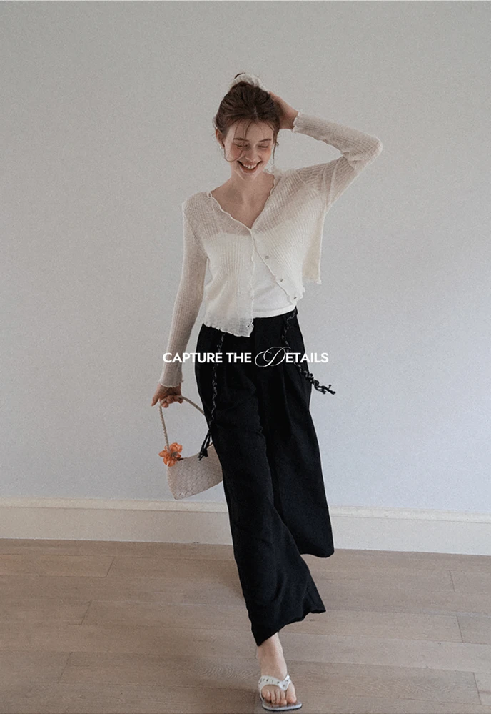 Women Ruffle Ribbed Knit Button Cardigan