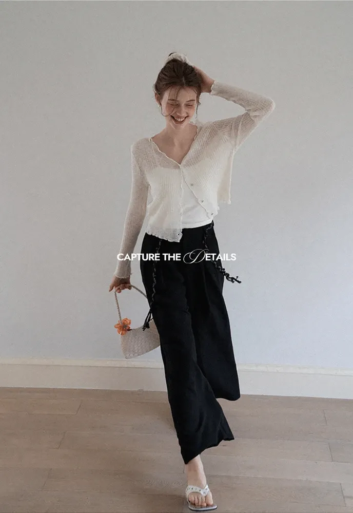 Women Ruffle Ribbed Knit Button Cardigan