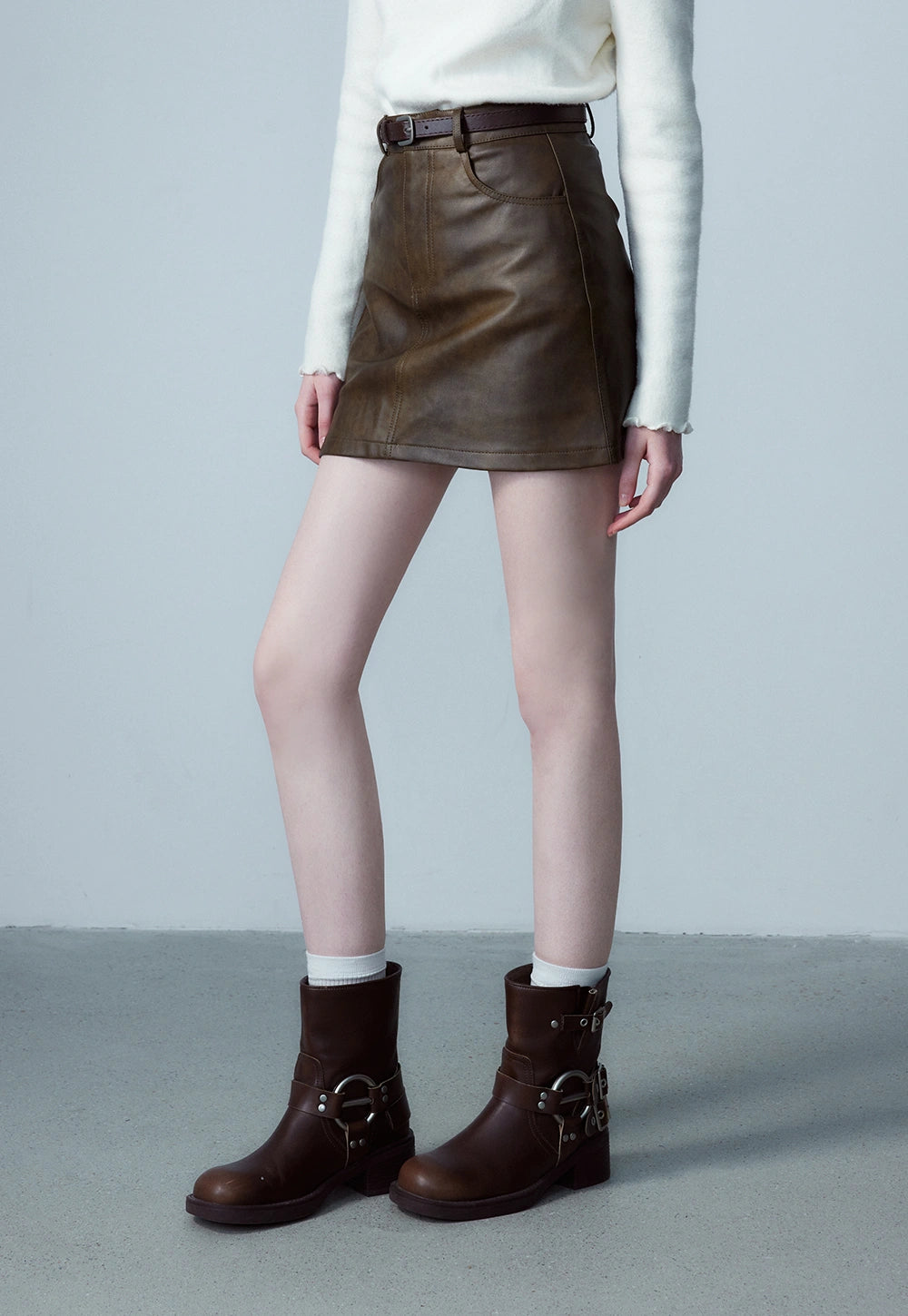 Women's Faux Leather Mini Skirt, A-Line with Belt and Pockets, Vintage Brown