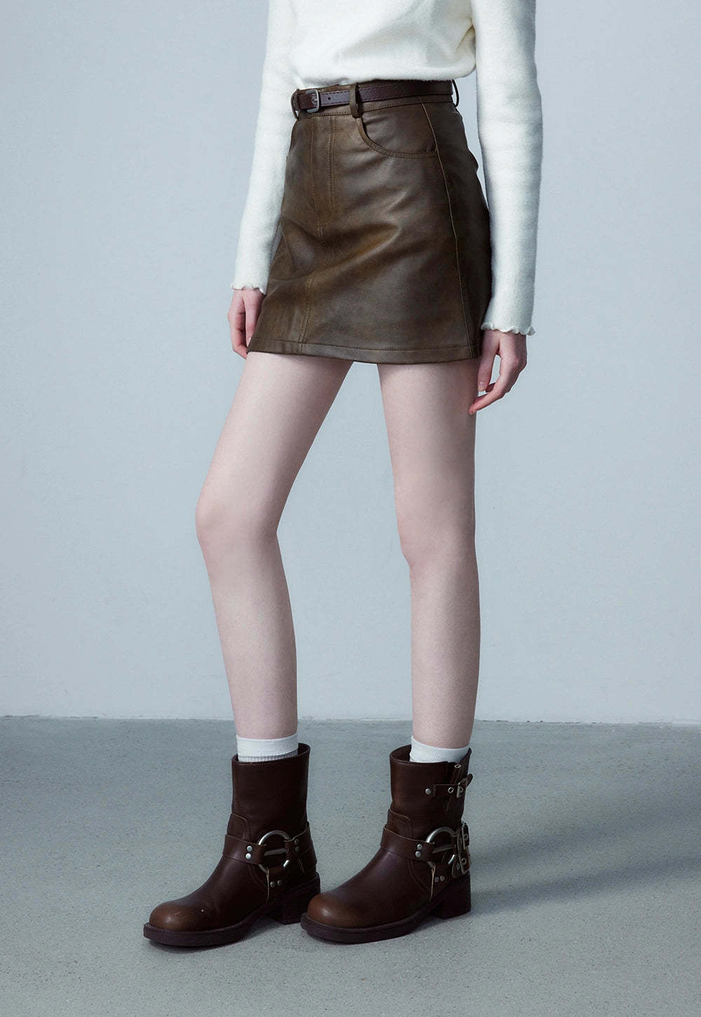 Women's Faux Leather Mini Skirt, A-Line with Belt and Pockets, Vintage Brown