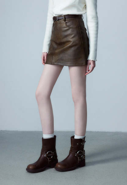 Women's Faux Leather Mini Skirt, A-Line with Belt and Pockets, Vintage Brown