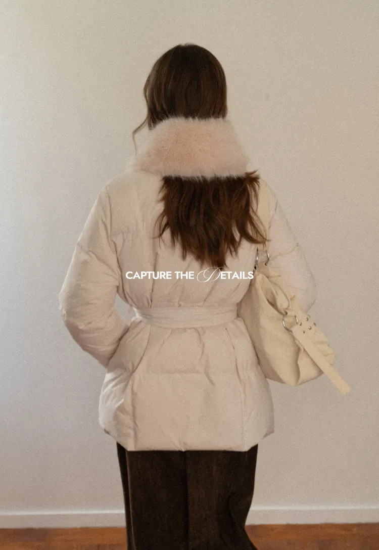 Belted Down Coat with Faux Fur Collar