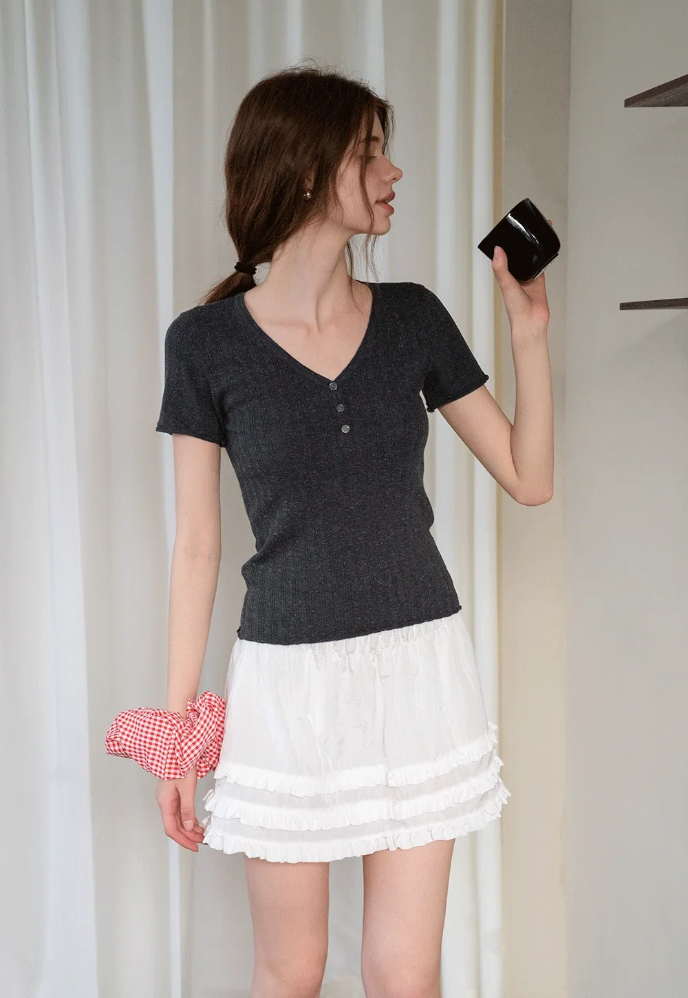 Ribbed V-Neck Buttoned Knit Top