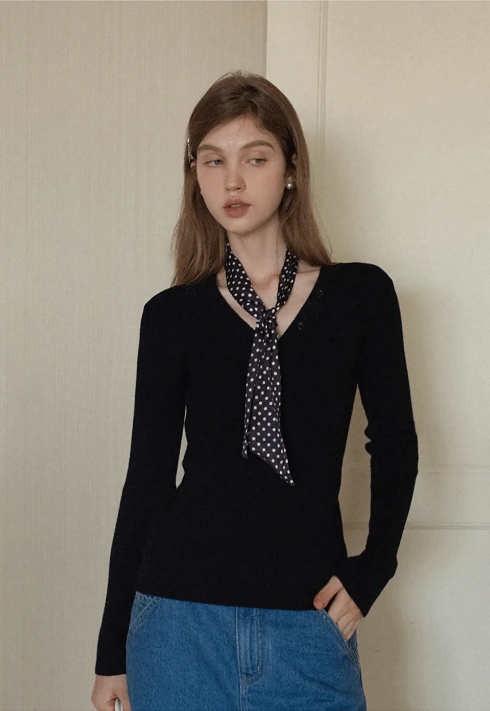 Womens Ribbed Long Sleeve V-Neck Button Top