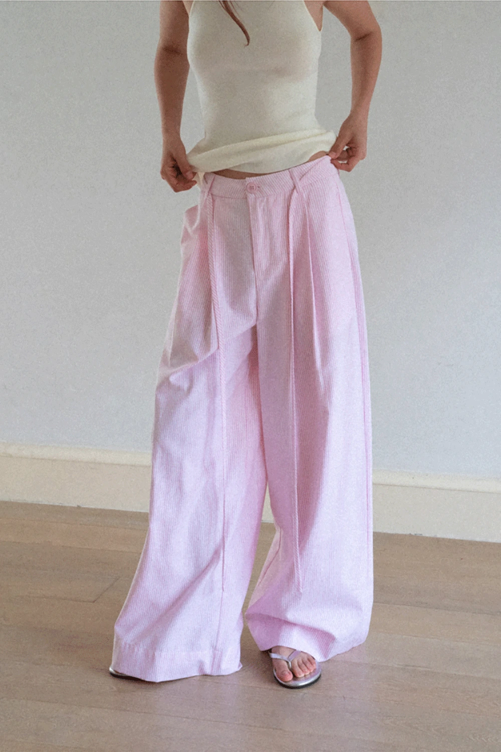 Wide Leg Pleated Casual Pants with Drawstring Waist