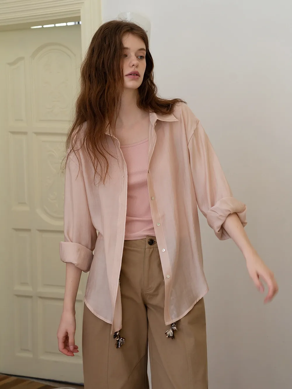 Women’s Button-up Shirt with Rolled Sleeves And Camis