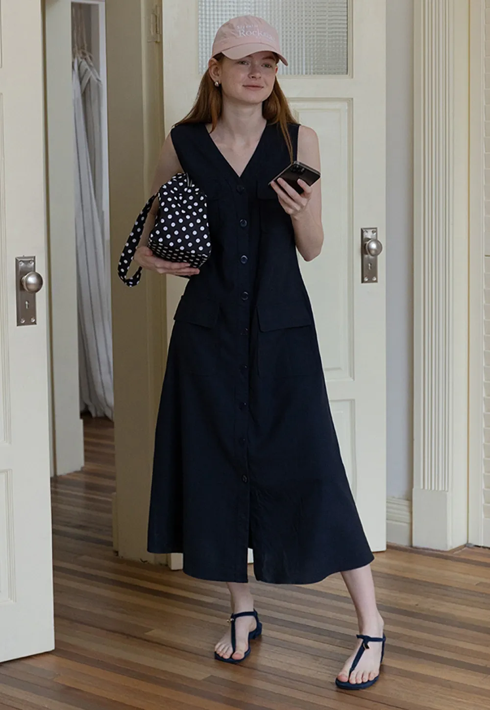 Sleeveless Button-Front Utility Midi Dress
