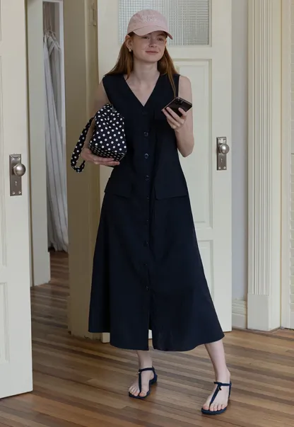 Sleeveless Button-Front Utility Midi Dress
