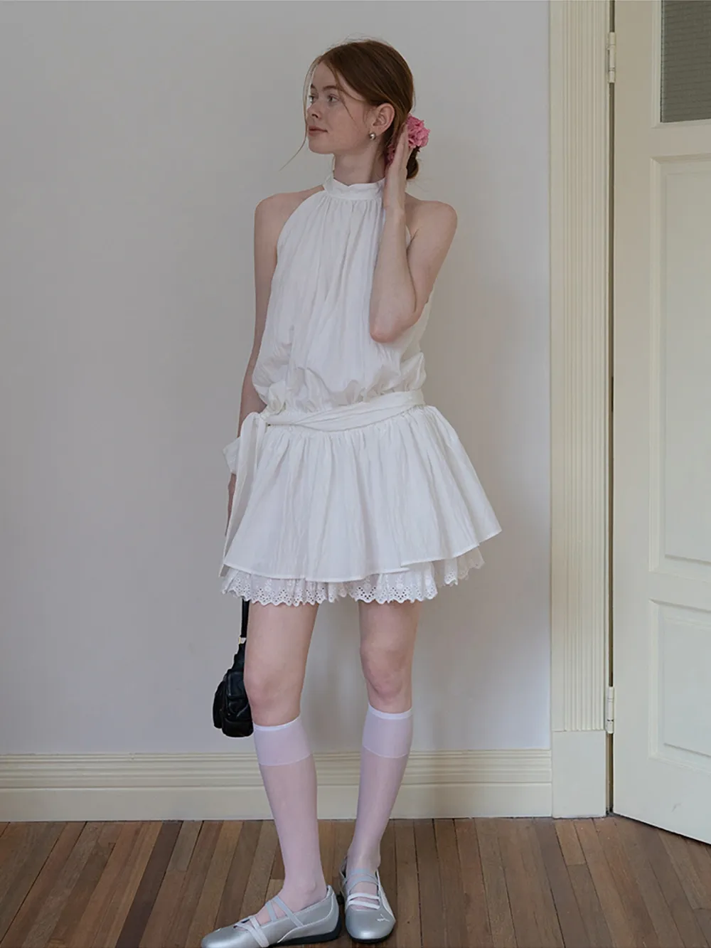 Eyelet Trim Halter Mini Dress