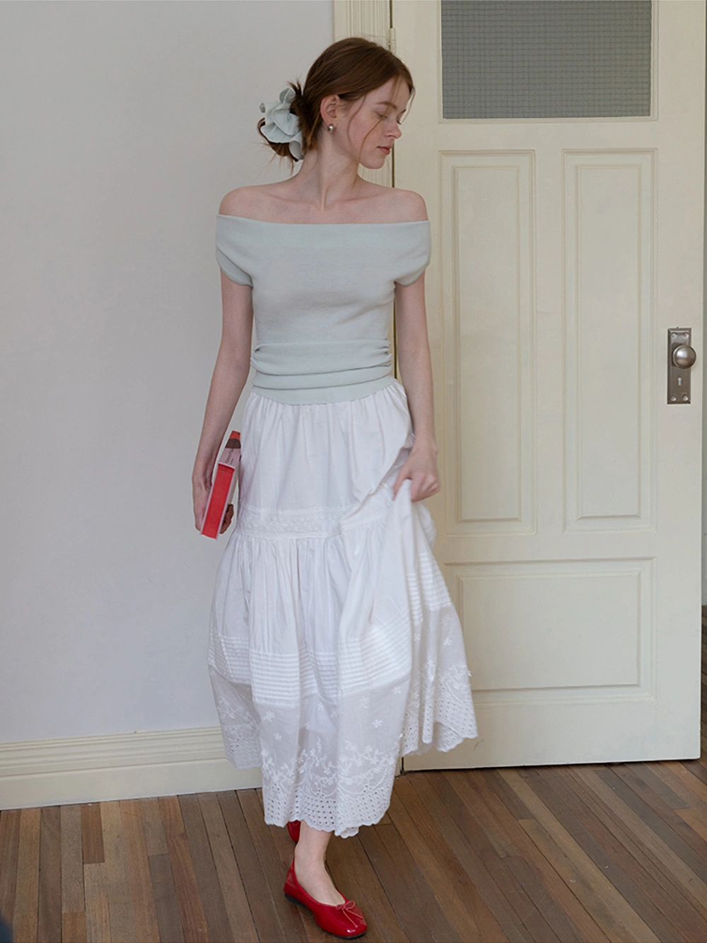Women's High Waist Cotton Midi Skirt with Embroidery and Eyelet Hem