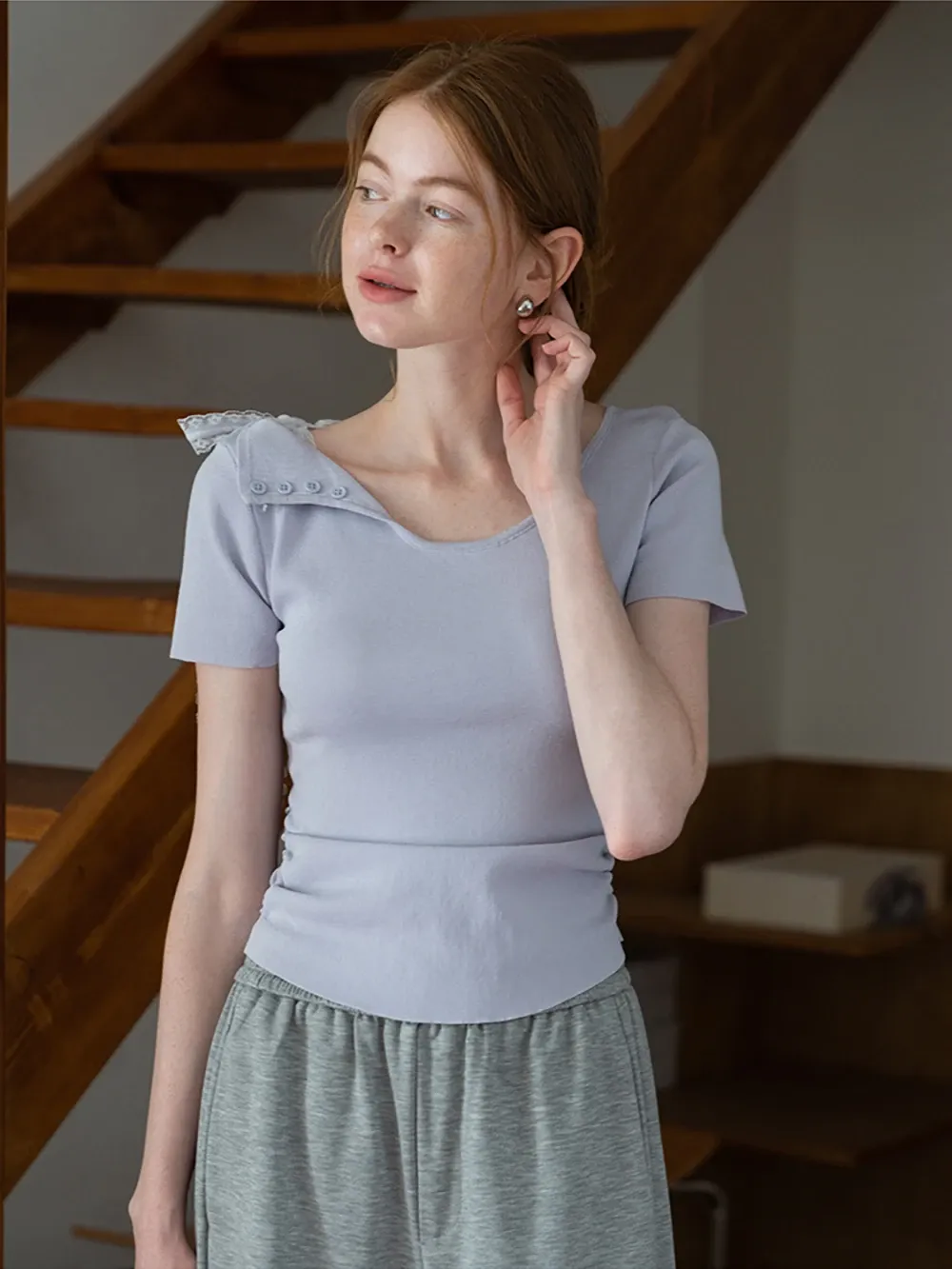 One Shoulder Lace Bow Knit Top