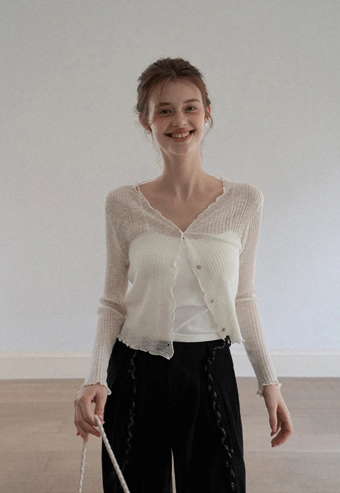 Women Ruffle Ribbed Knit Button Cardigan