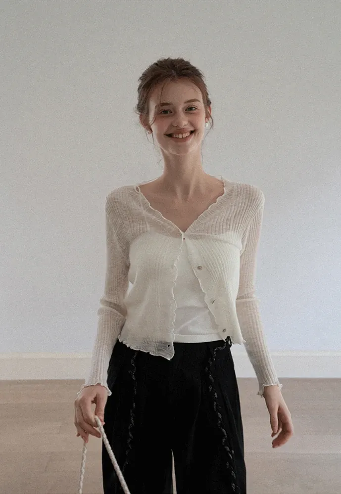 Women Ruffle Ribbed Knit Button Cardigan