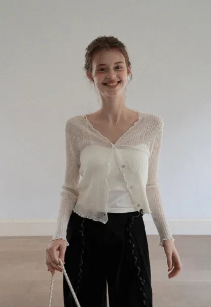 Women Ruffle Ribbed Knit Button Cardigan