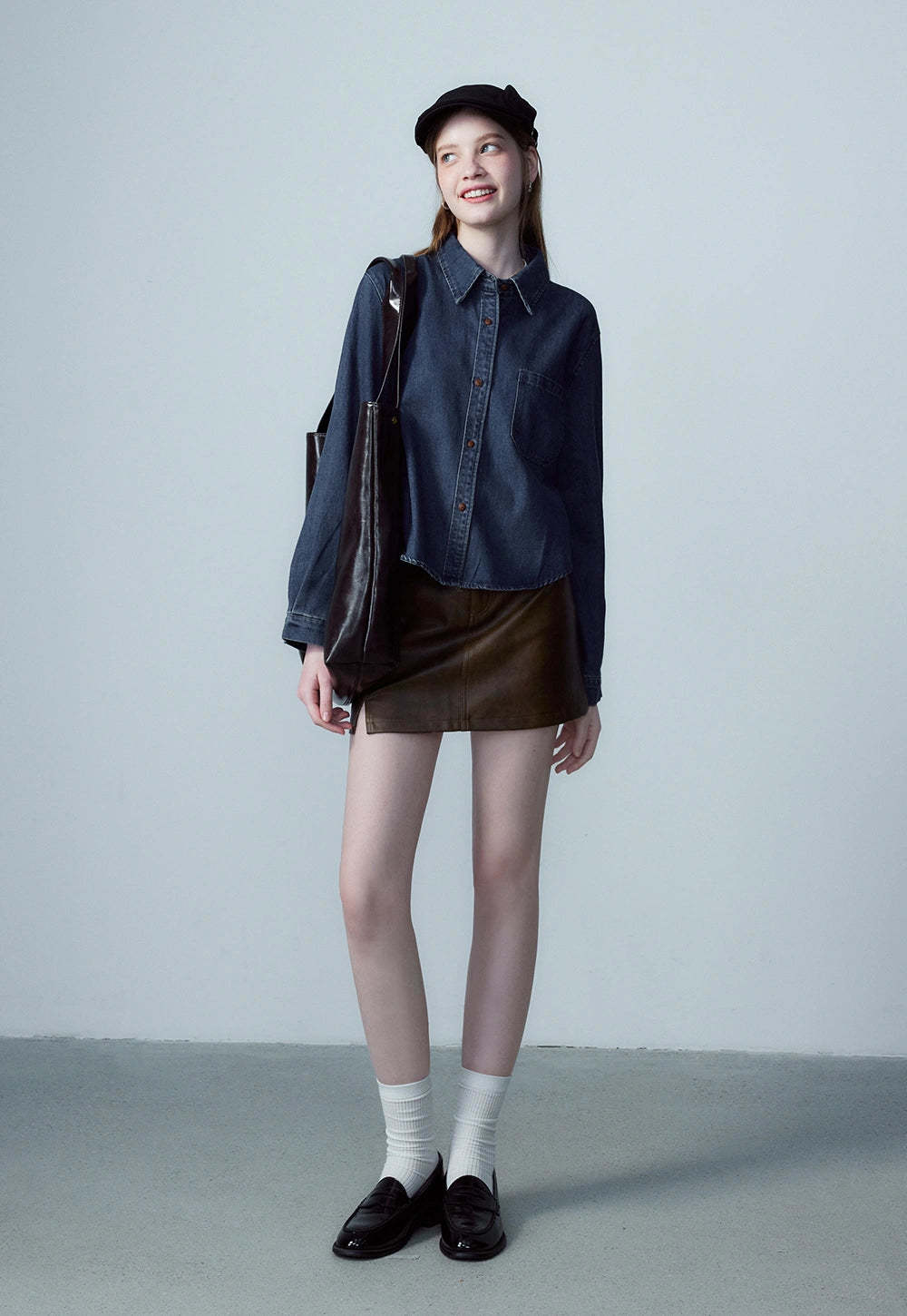 Women's Faux Leather Mini Skirt, A-Line with Belt and Pockets, Vintage Brown