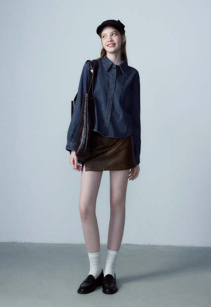 Women's Faux Leather Mini Skirt, A-Line with Belt and Pockets, Vintage Brown