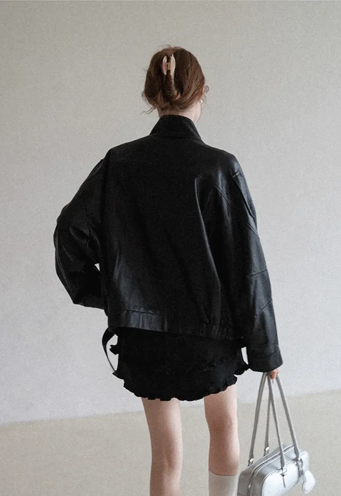 Funnel-Neck Leather Jacket