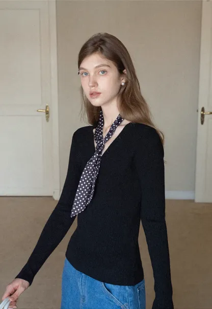 Womens Ribbed Long Sleeve V-Neck Button Top