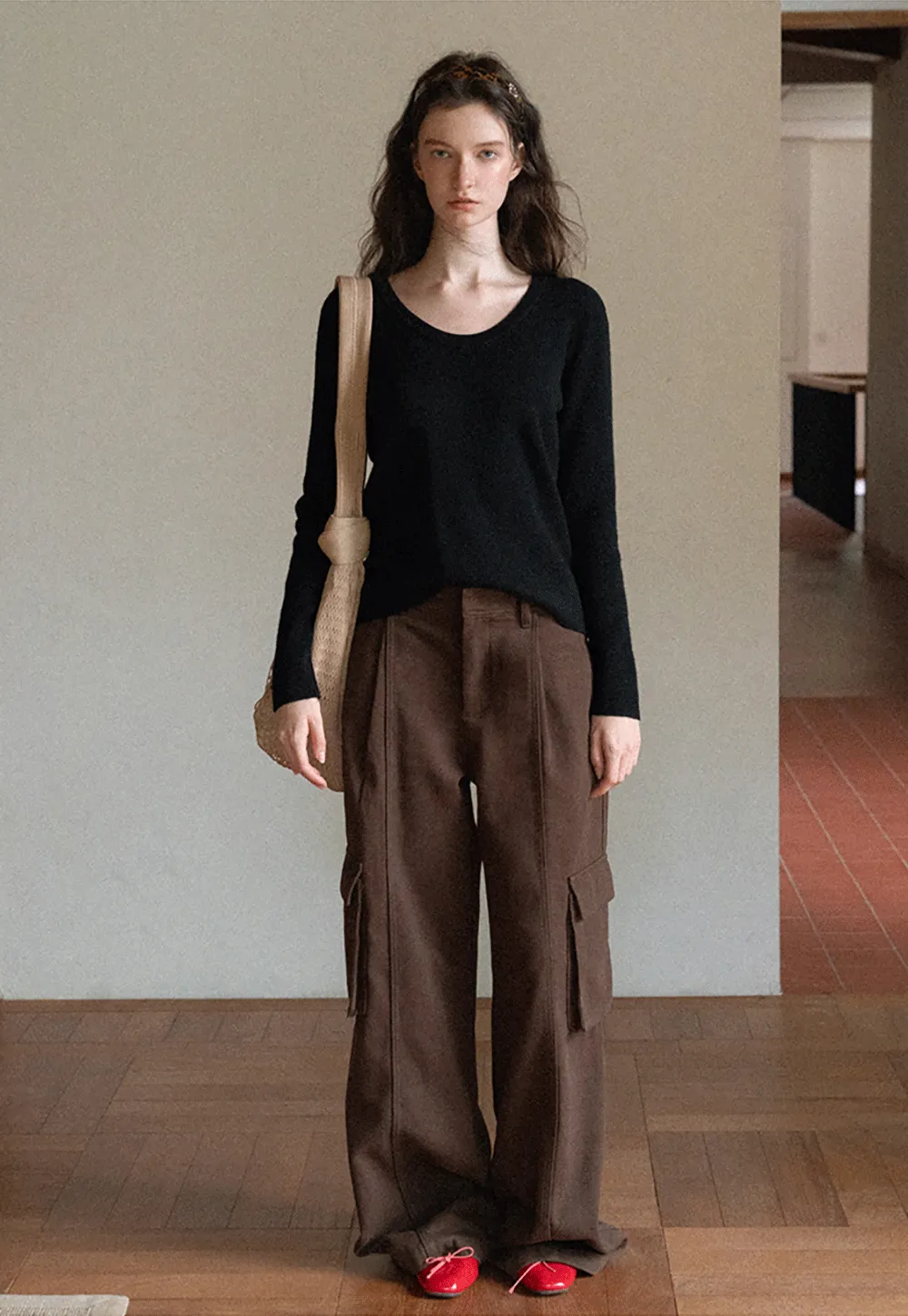 Ribbed Scoop Neck Long-Sleeve Top