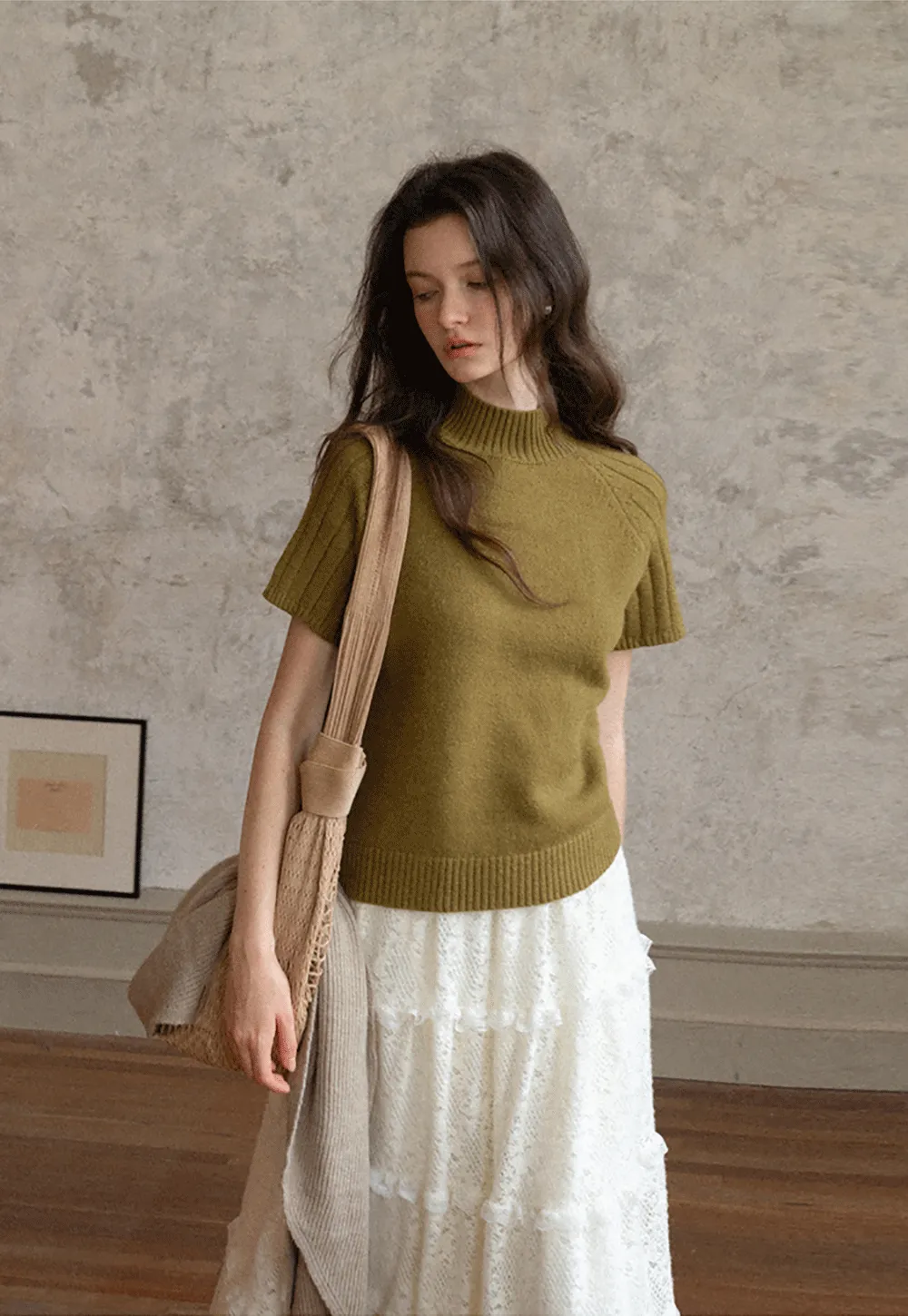 Olive Short Sleeve Mock Neck Knit Top