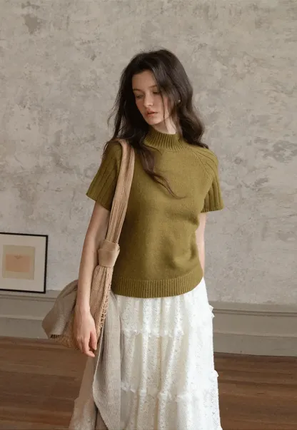 Olive Short Sleeve Mock Neck Knit Top