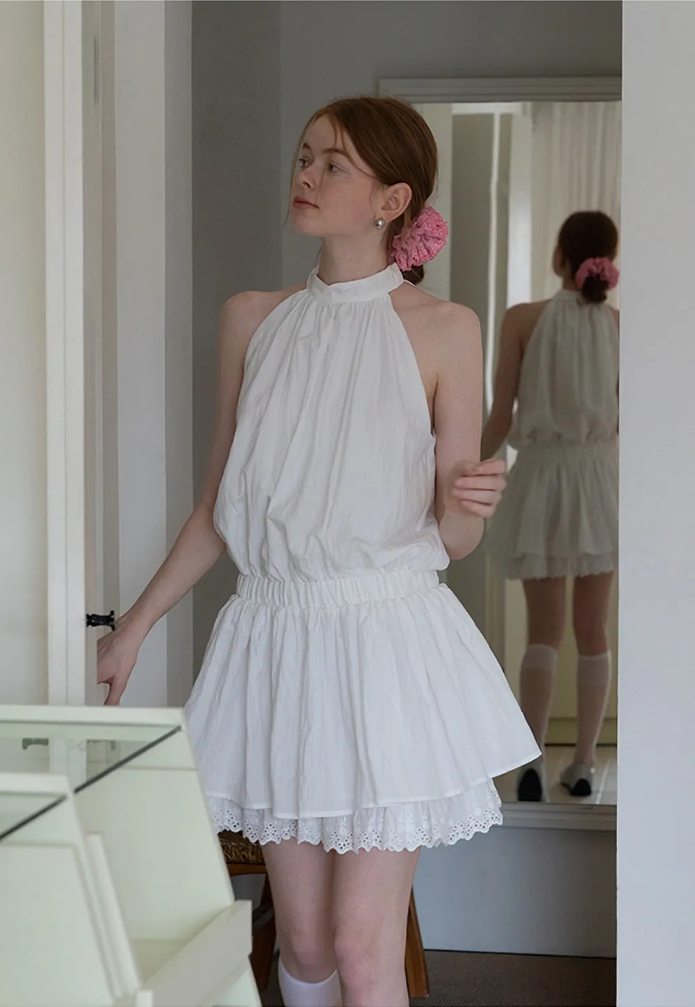 Eyelet Trim Halter Mini Dress