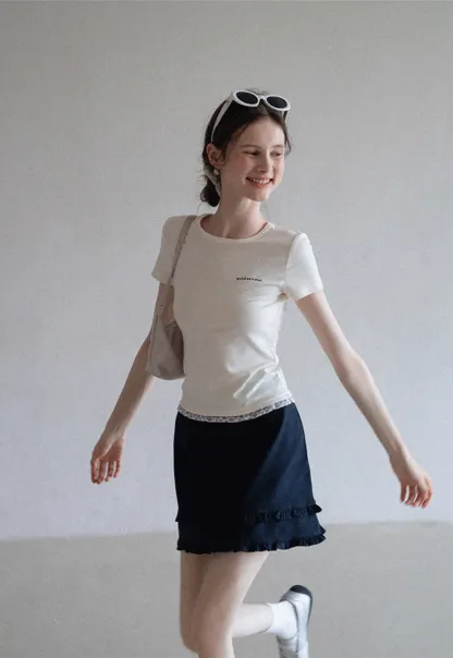 Lace Trim Embroidered T-Shirt
