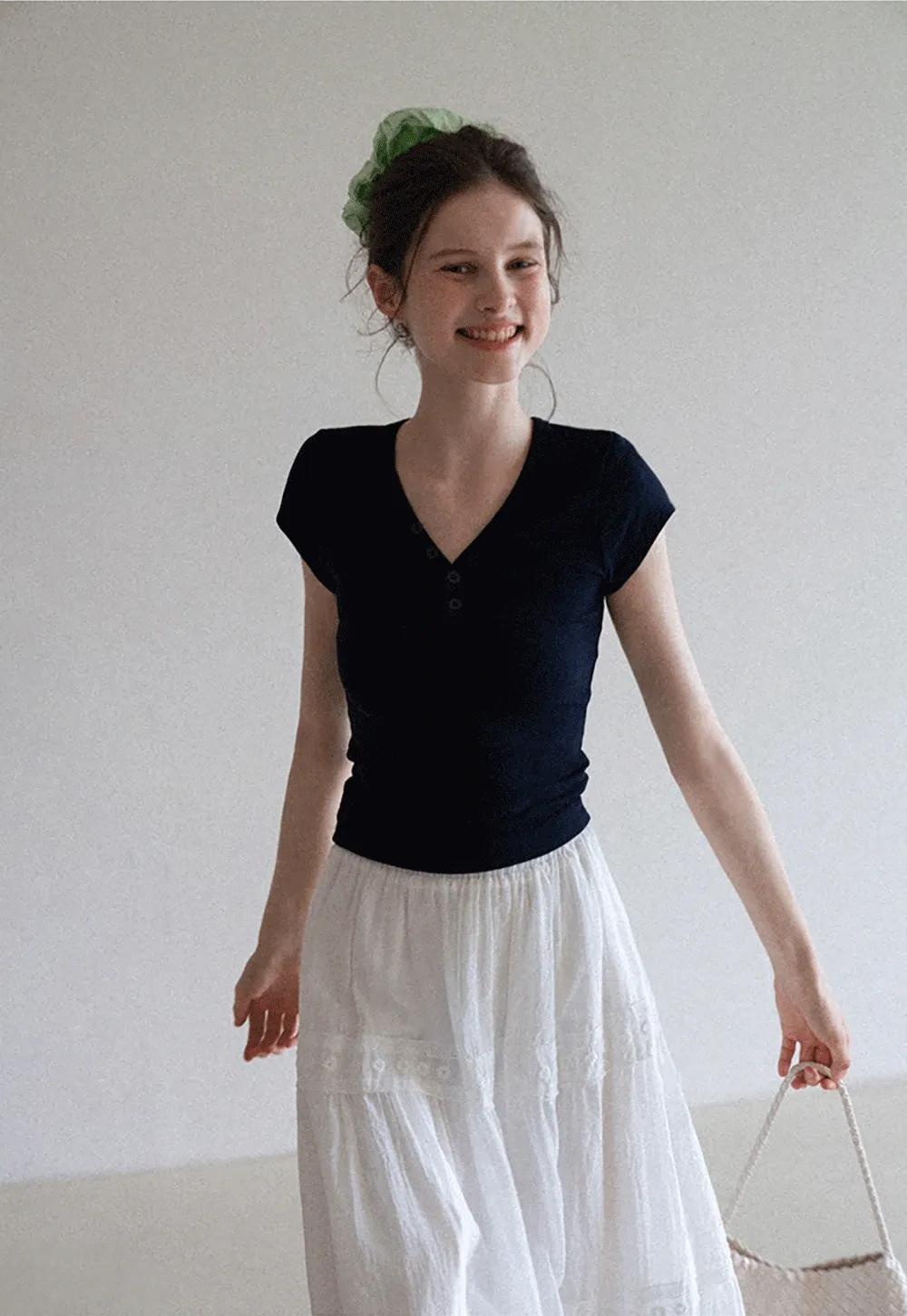 Women's V Neck Button Front Short Sleeve T-Shirt