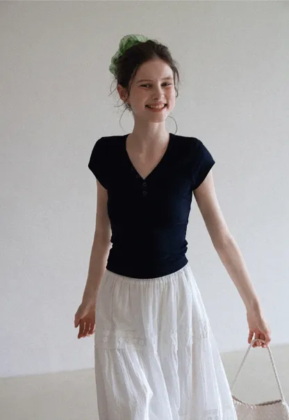 Women's V Neck Button Front Short Sleeve T-Shirt