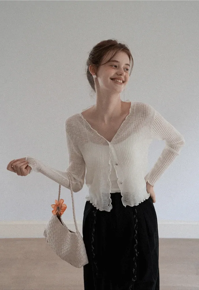 Women Ruffle Ribbed Knit Button Cardigan