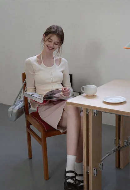 Women Long Sleeve Bow Front Split Hem Lettuce Trim Knit Top