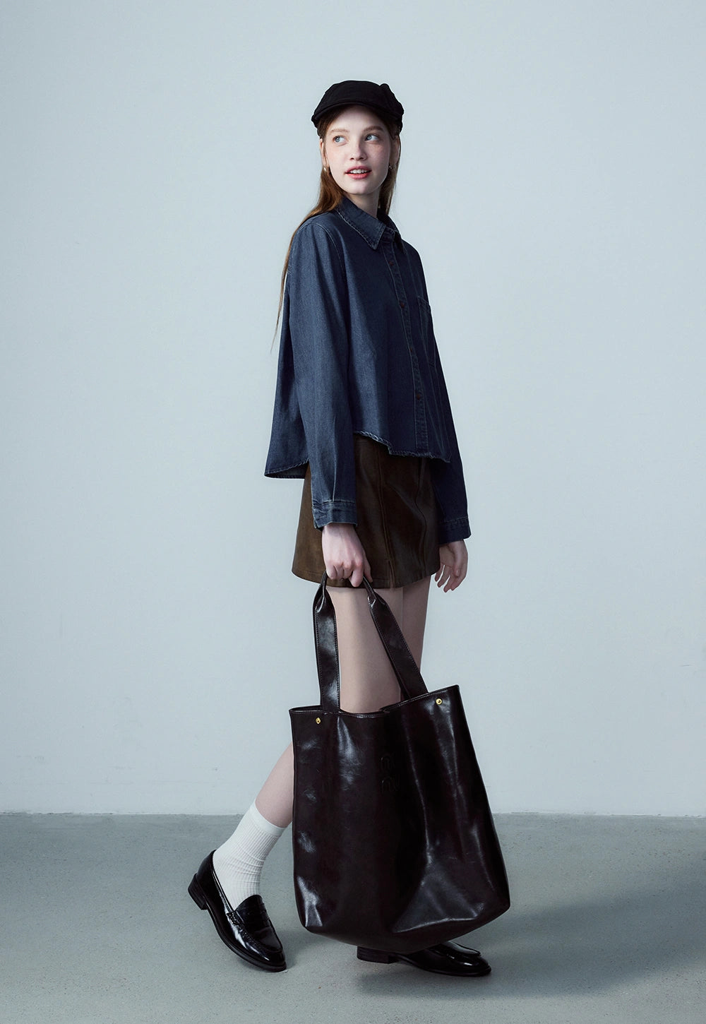 Women's Faux Leather Mini Skirt, A-Line with Belt and Pockets, Vintage Brown