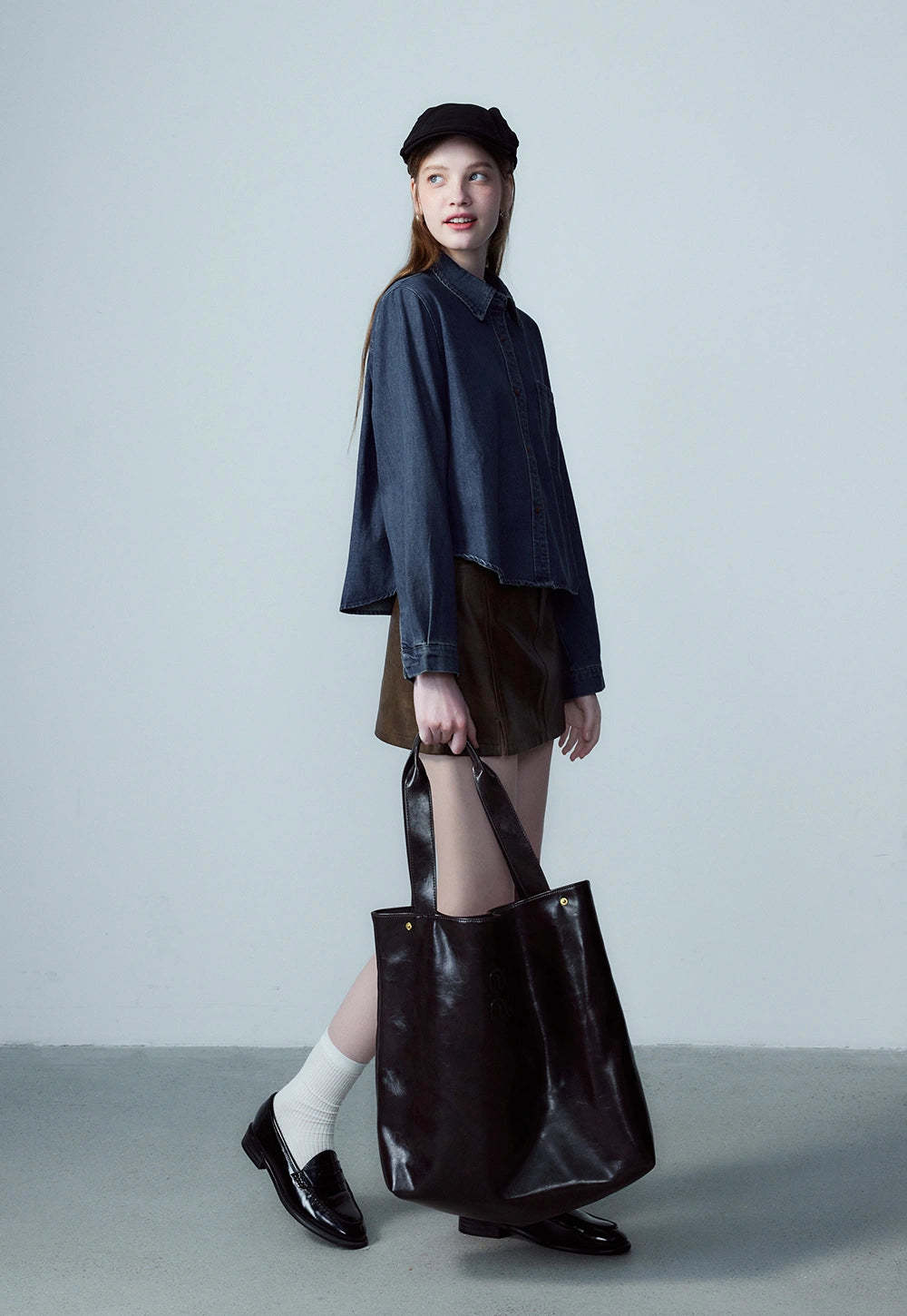 Women's Faux Leather Mini Skirt, A-Line with Belt and Pockets, Vintage Brown