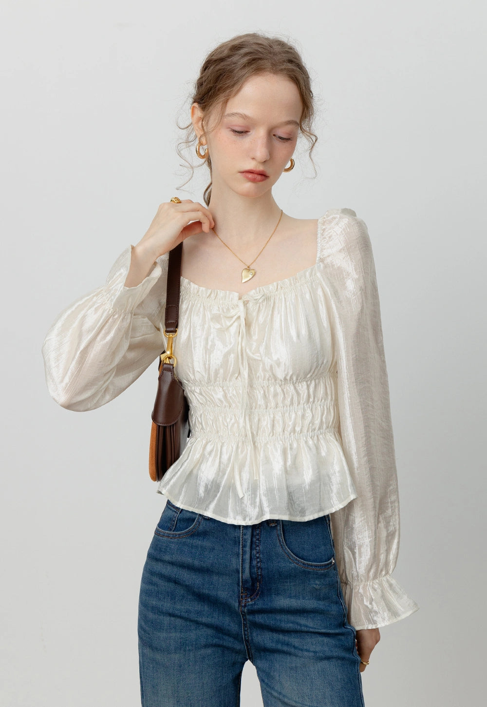 Women's Satin Smocked Blouse with Puff Sleeves