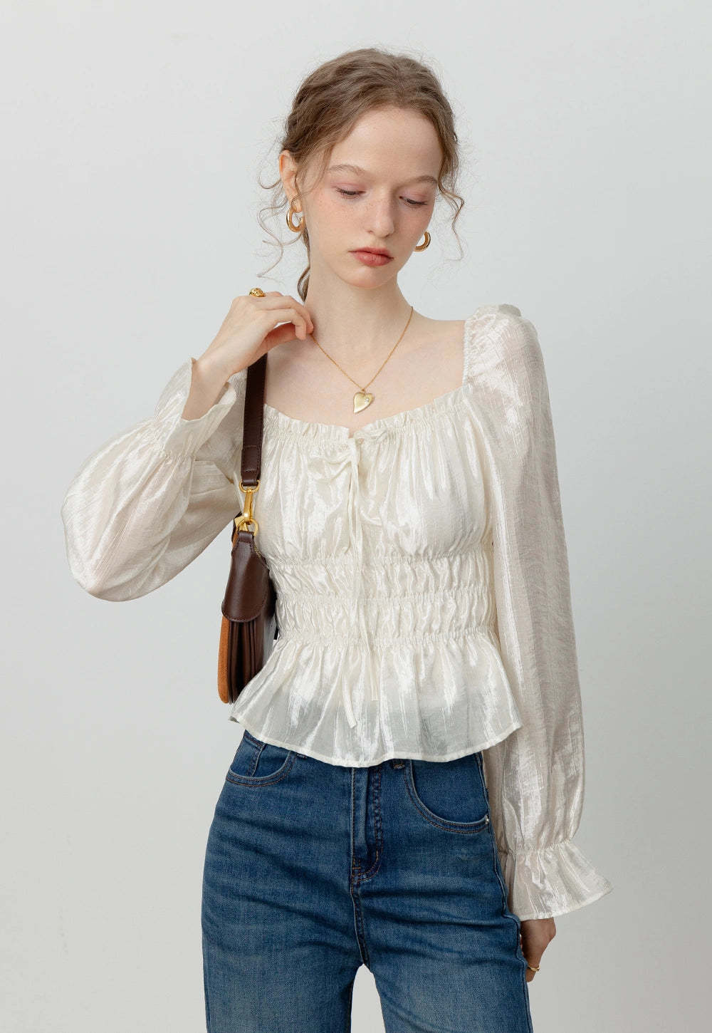 Women's Satin Smocked Blouse with Puff Sleeves