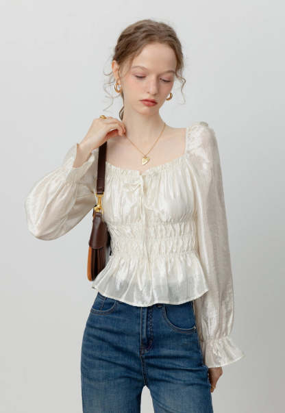 Women's Satin Smocked Blouse with Puff Sleeves