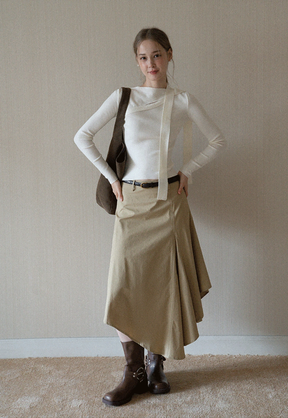 Womens High Waist Asymmetrical Midi Skirt