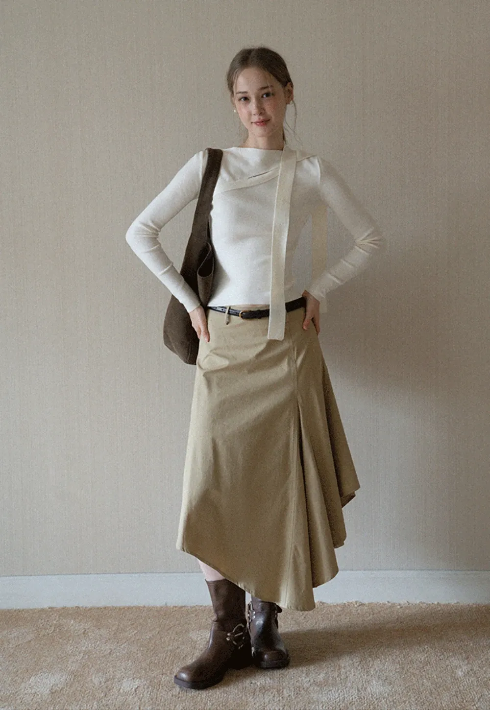 Womens High Waist Asymmetrical Midi Skirt