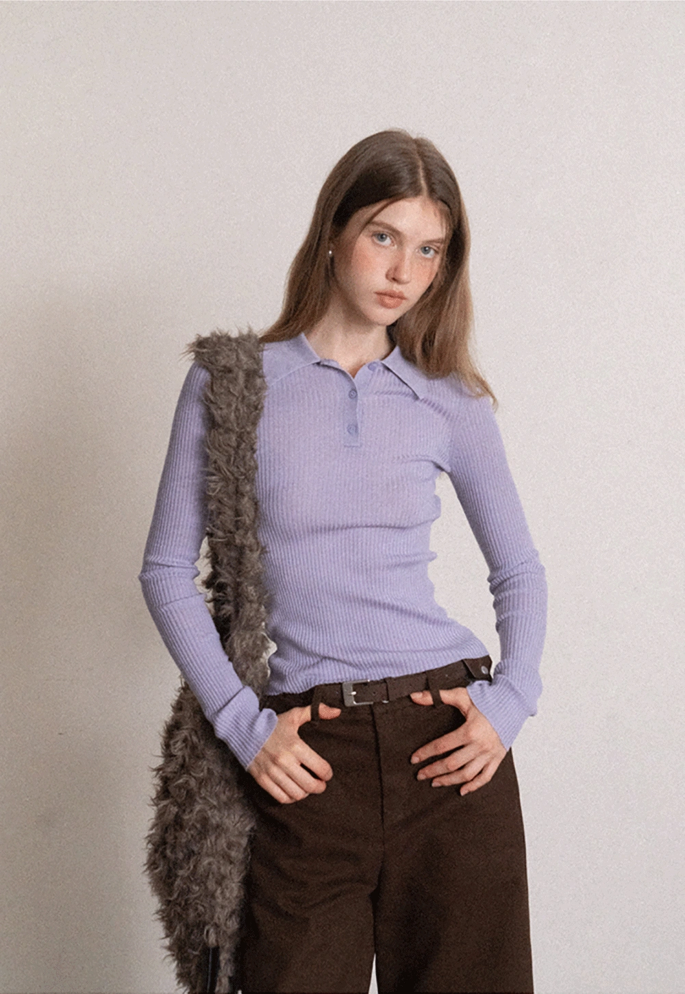 Ribbed Knit Collared Pullover Top