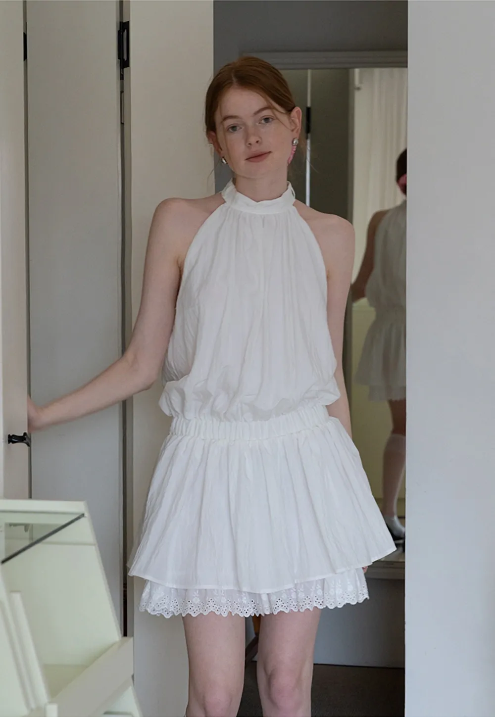Eyelet Trim Halter Mini Dress