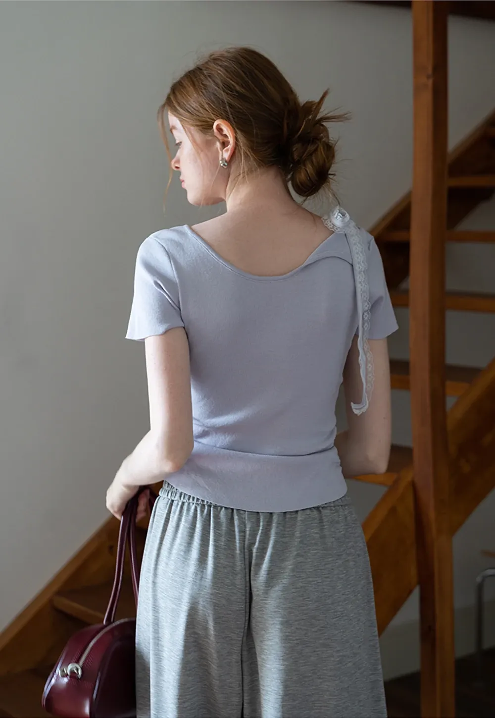 One Shoulder Lace Bow Knit Top